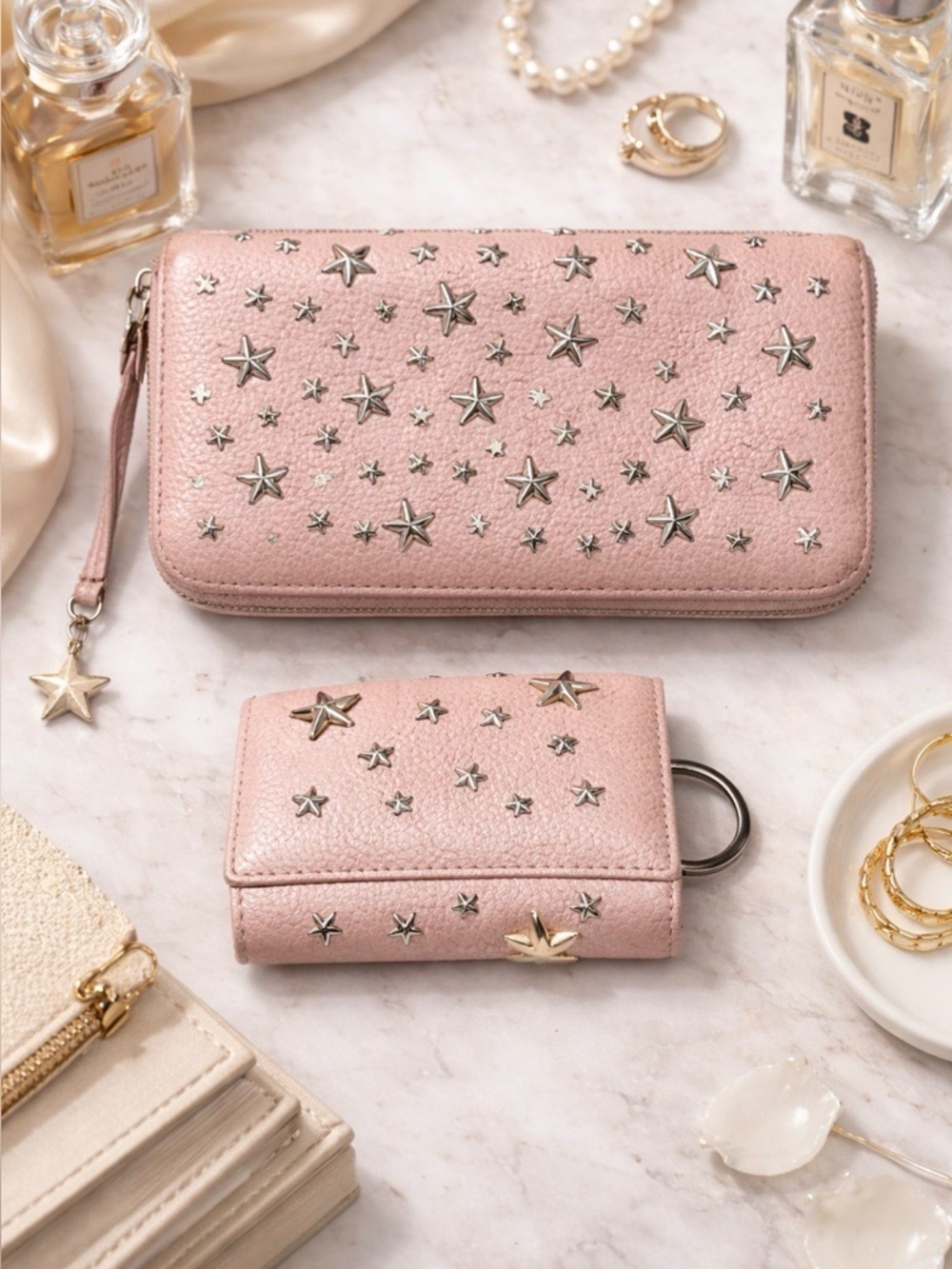 AUTHENTIC JIMMY CHOO NELLIE & FILIPA STAR STUD LEATHER WALLET KEY CASE SET